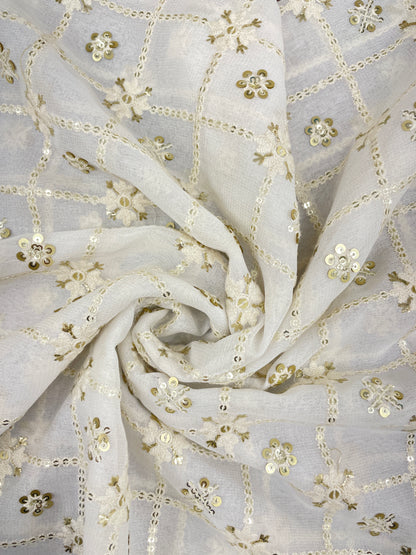 Premium Attractive All Over Off White Thread Embroidery With Golden Sequin Work On White Dyeable Georgette Fabric