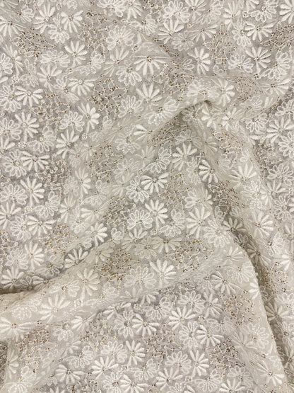 Amazing Elegant All Over White Thread Embroidery With Golden Sequin Work On White Dyeable Georgette Fabric