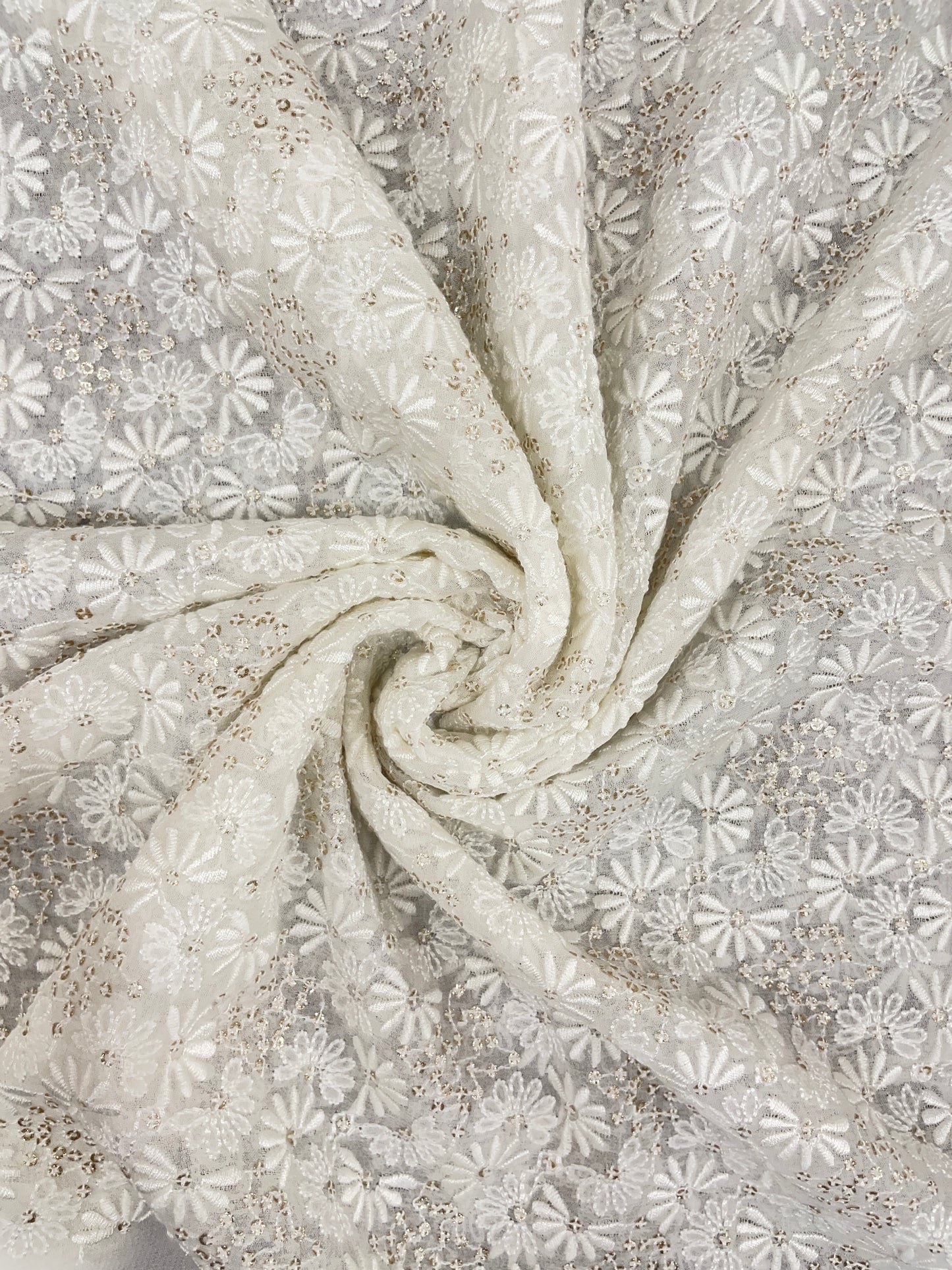 Amazing Elegant All Over White Thread Embroidery With Golden Sequin Work On White Dyeable Georgette Fabric