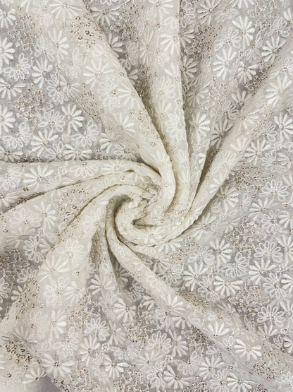 Amazing Elegant All Over White Thread Embroidery With Golden Sequin Work On White Dyeable Georgette Fabric