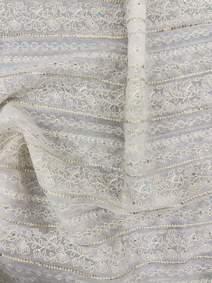 Amazing Beautiful All Over White Thread Embroidery With Golden And Multicolor Sequin Work On White Dyeable Georgette Fabric