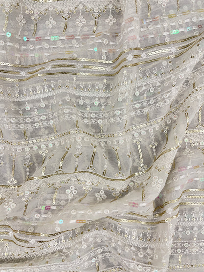 Pretty Eye Catching All Over White Thread Embroidery With Golden And Multicolor Sequin Work On White Dyeable Georgette Fabric