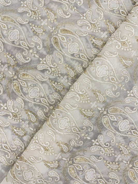 Eye Catching Elegant All Over White Thread Embroidery White Golden Sequin Work On White Dyeable Georgette Fabric