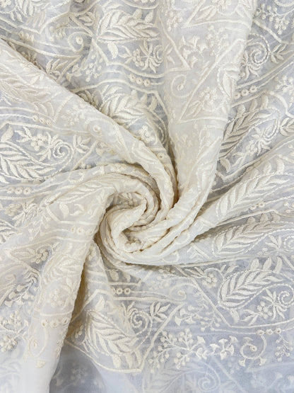 Premium Adorable All Over Off White Thread Embroidery On White Dyeable Georgette Fabric