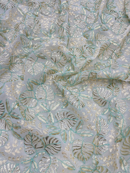 Classic Pretty Marvelous Leafy Thread Embroidery With Shiny Foil Work And Sequin Work On Georgette Fabric