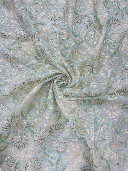 Classic Pretty Marvelous Leafy Thread Embroidery With Shiny Foil Work And Sequin Work On Georgette Fabric