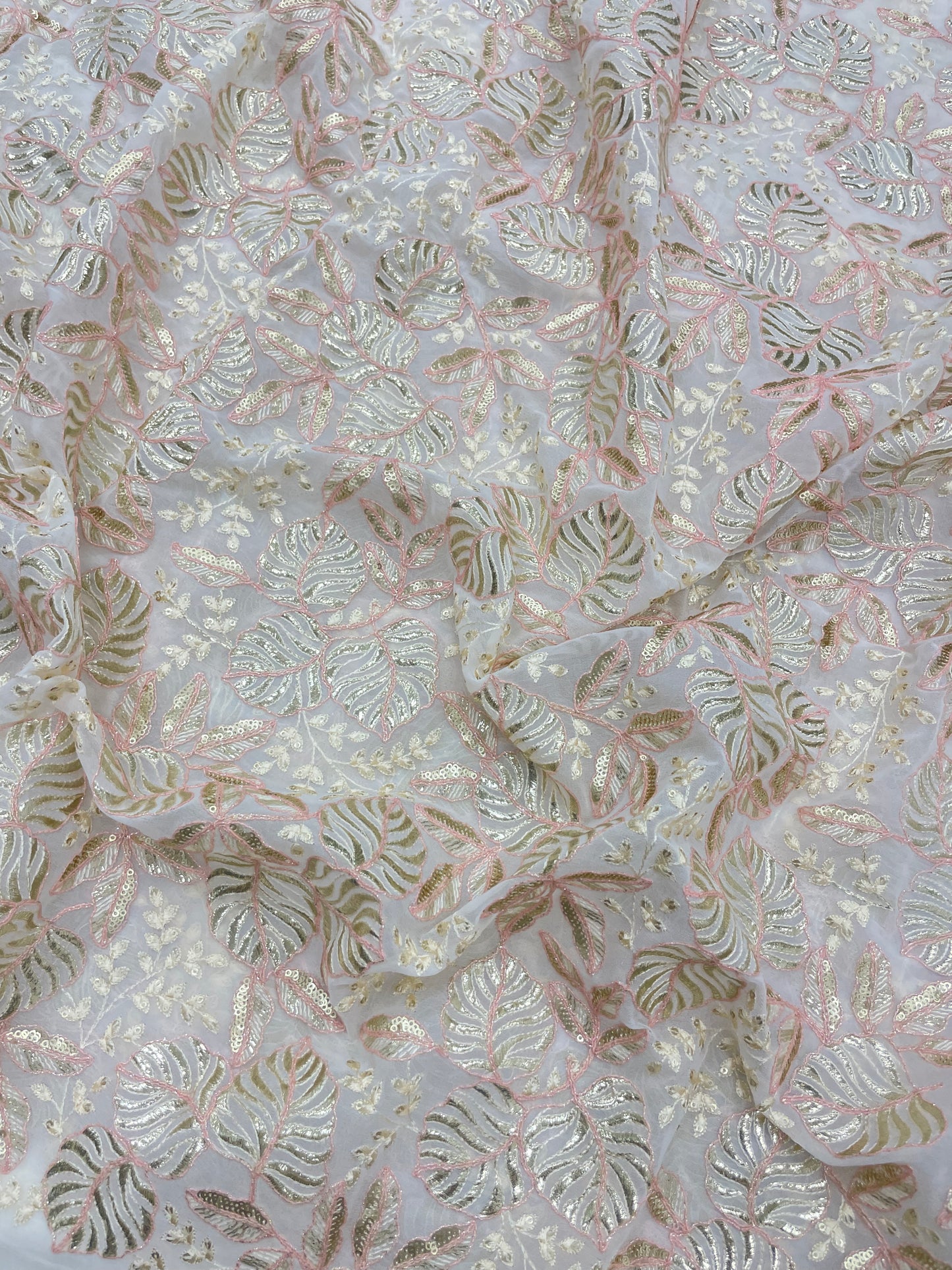 Classic Pretty Marvelous Leafy Thread Embroidery With Shiny Foil Work And Sequin Work On Georgette Fabric