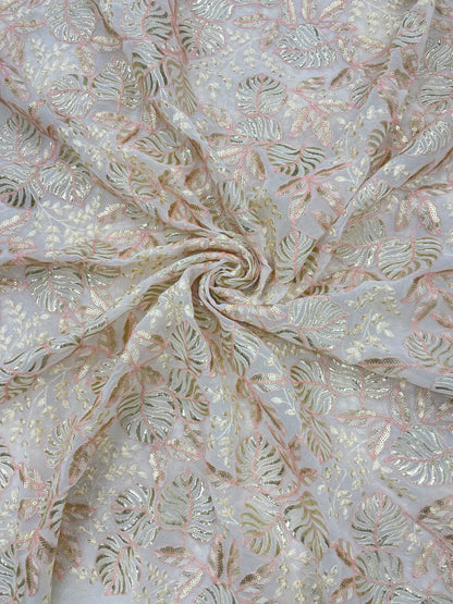 Classic Pretty Marvelous Leafy Thread Embroidery With Shiny Foil Work And Sequin Work On Georgette Fabric