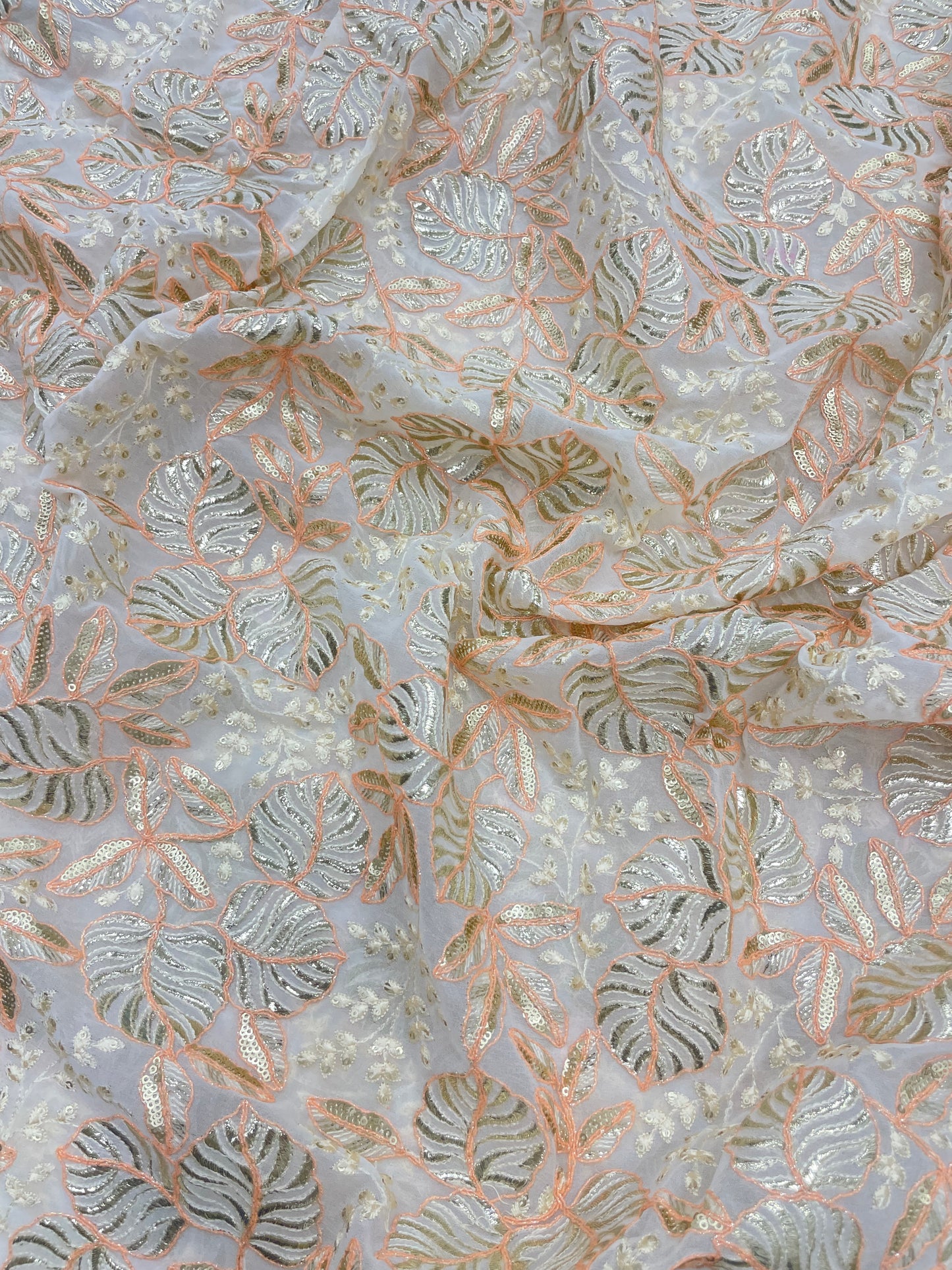 Classic Pretty Marvelous Leafy Thread Embroidery With Shiny Foil Work And Sequin Work On Georgette Fabric