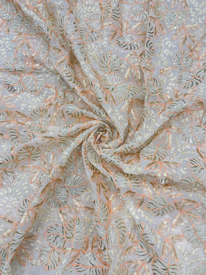 Classic Pretty Marvelous Leafy Thread Embroidery With Shiny Foil Work And Sequin Work On Georgette Fabric