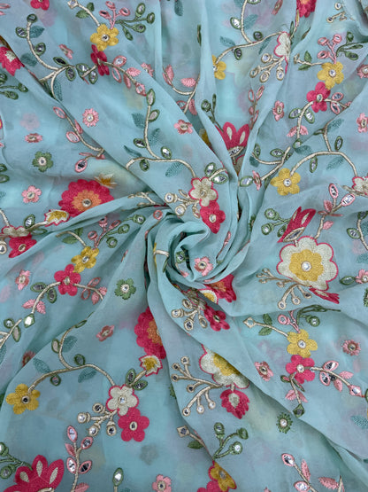 Adorable Elegant Floral Multithread Embroidery On Georgette Fabric