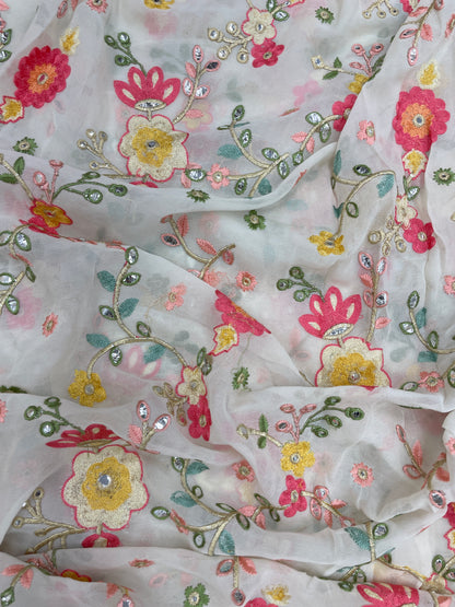 Adorable Elegant Floral Multithread Embroidery On Georgette Fabric