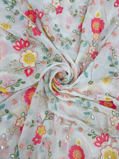 Adorable Elegant Floral Multithread Embroidery On Georgette Fabric