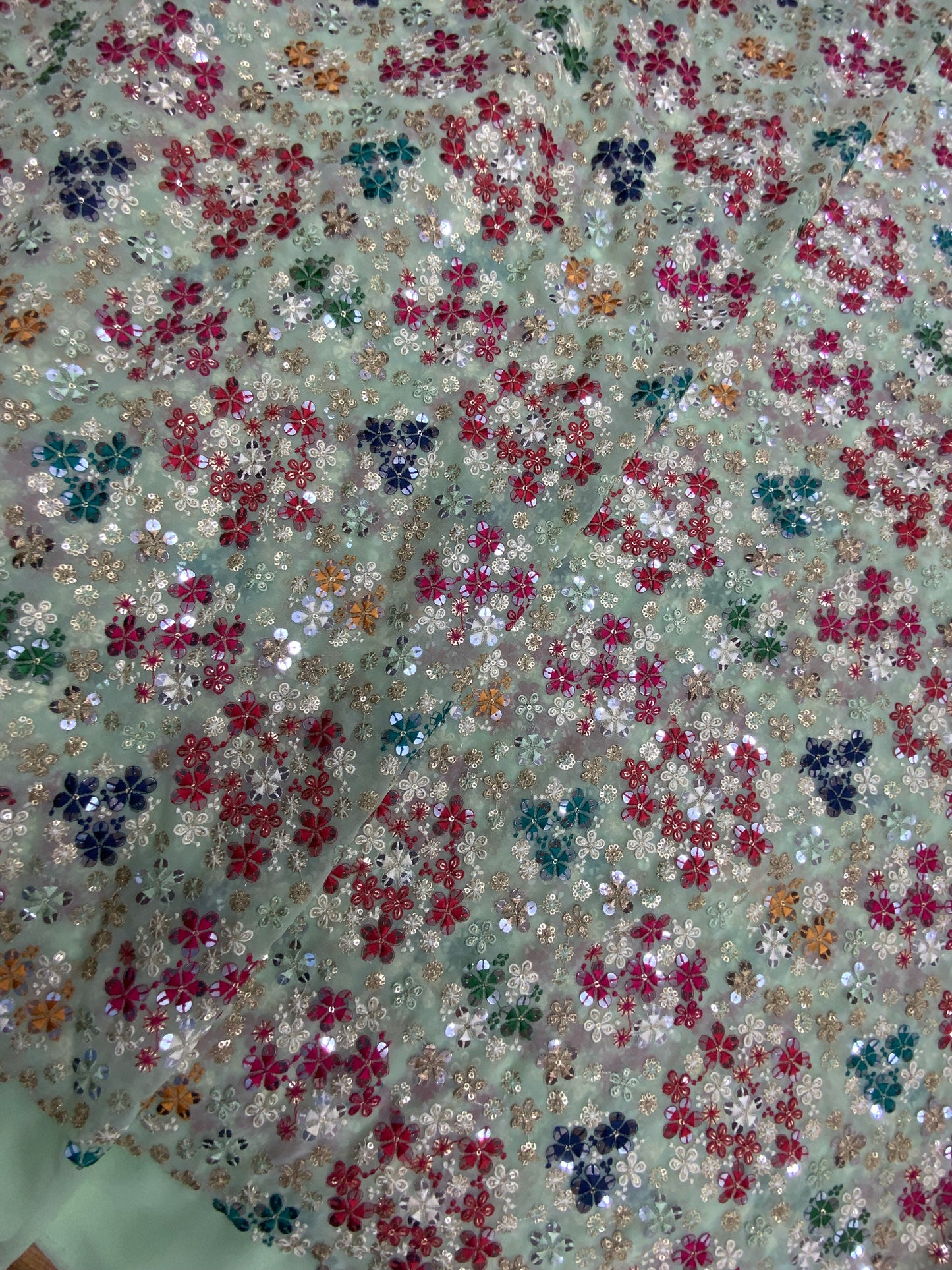 Sparkling Attractive Pretty Floral Thread Embroidery With Sequin, Zari And Faux Mirror Work On Georgette Fabric