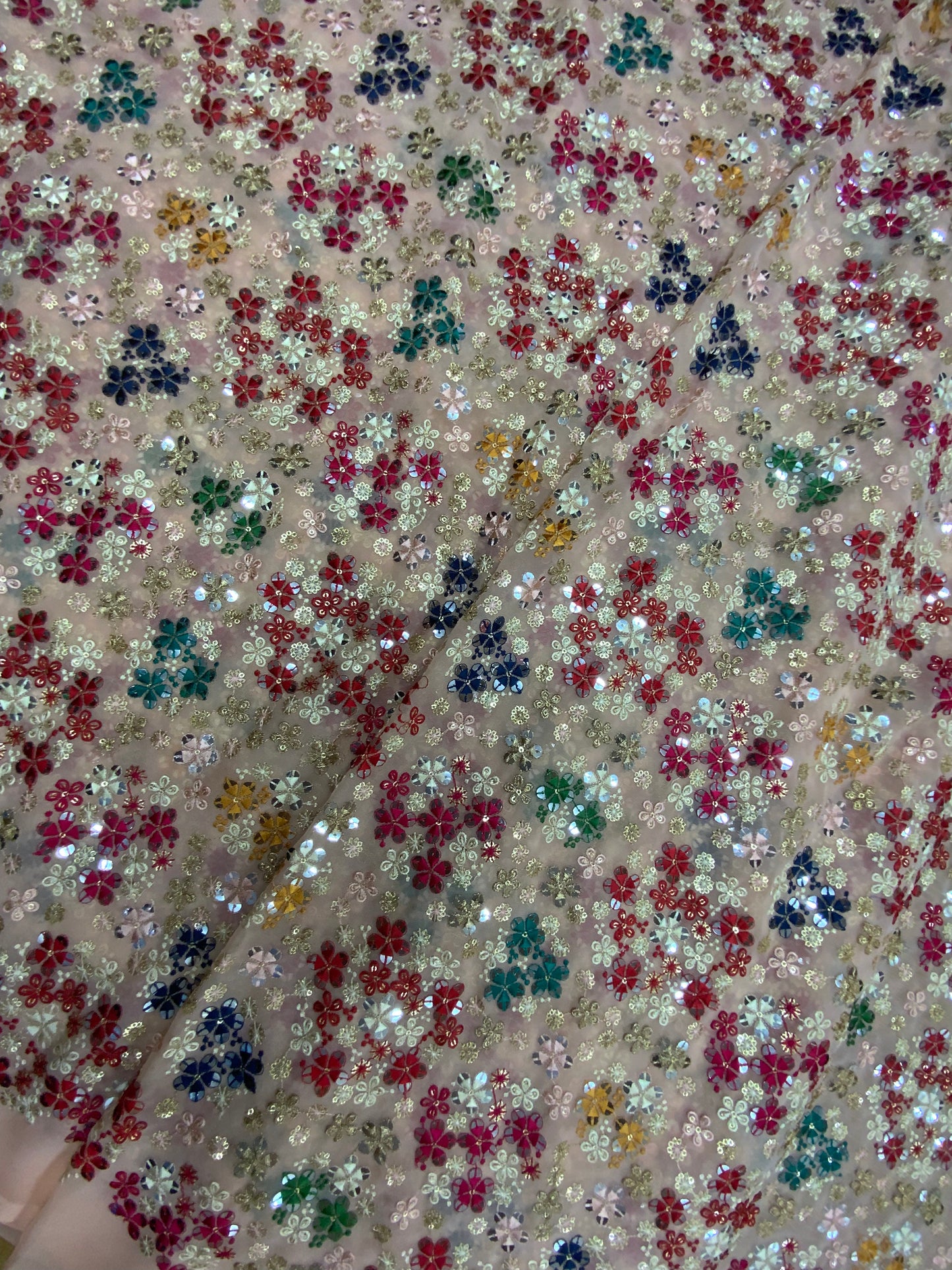 Sparkling Attractive Pretty Floral Thread Embroidery With Sequin, Zari And Faux Mirror Work On Georgette Fabric
