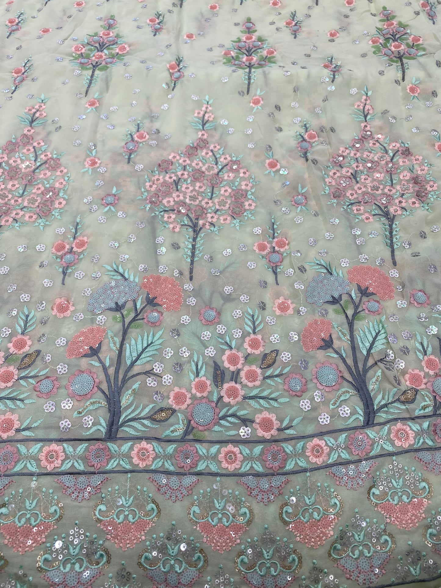 Antique All Over Floral And Leaves Thread Embroidery With Top Notch Quality Sequin Work On Georgette Fabric