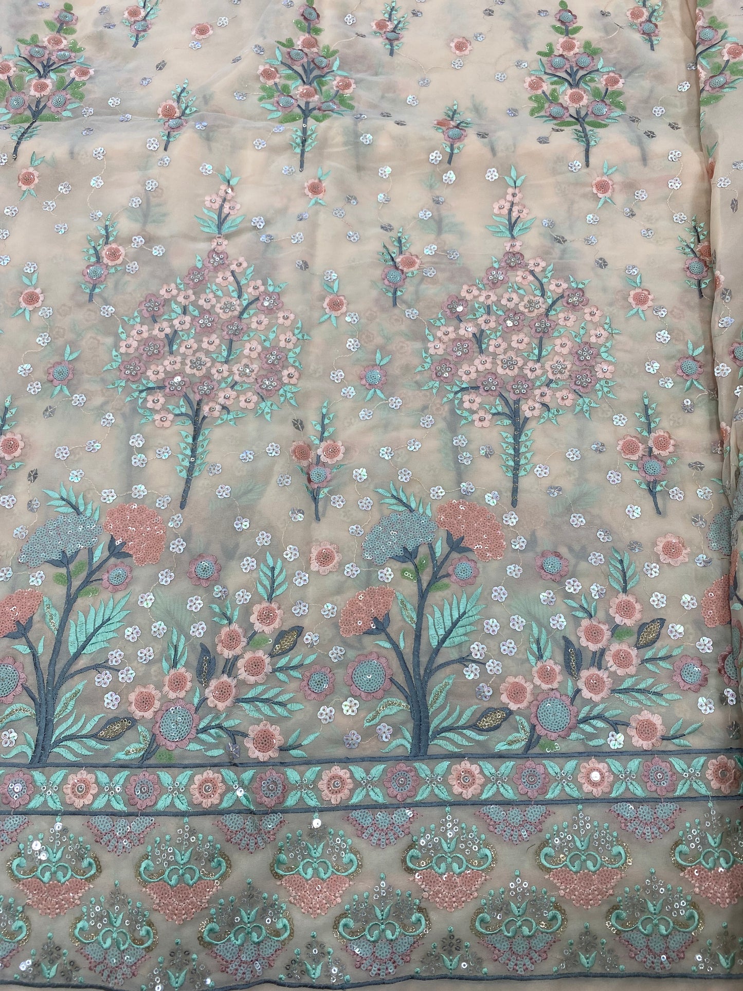 Antique All Over Floral And Leaves Thread Embroidery With Top Notch Quality Sequin Work On Georgette Fabric