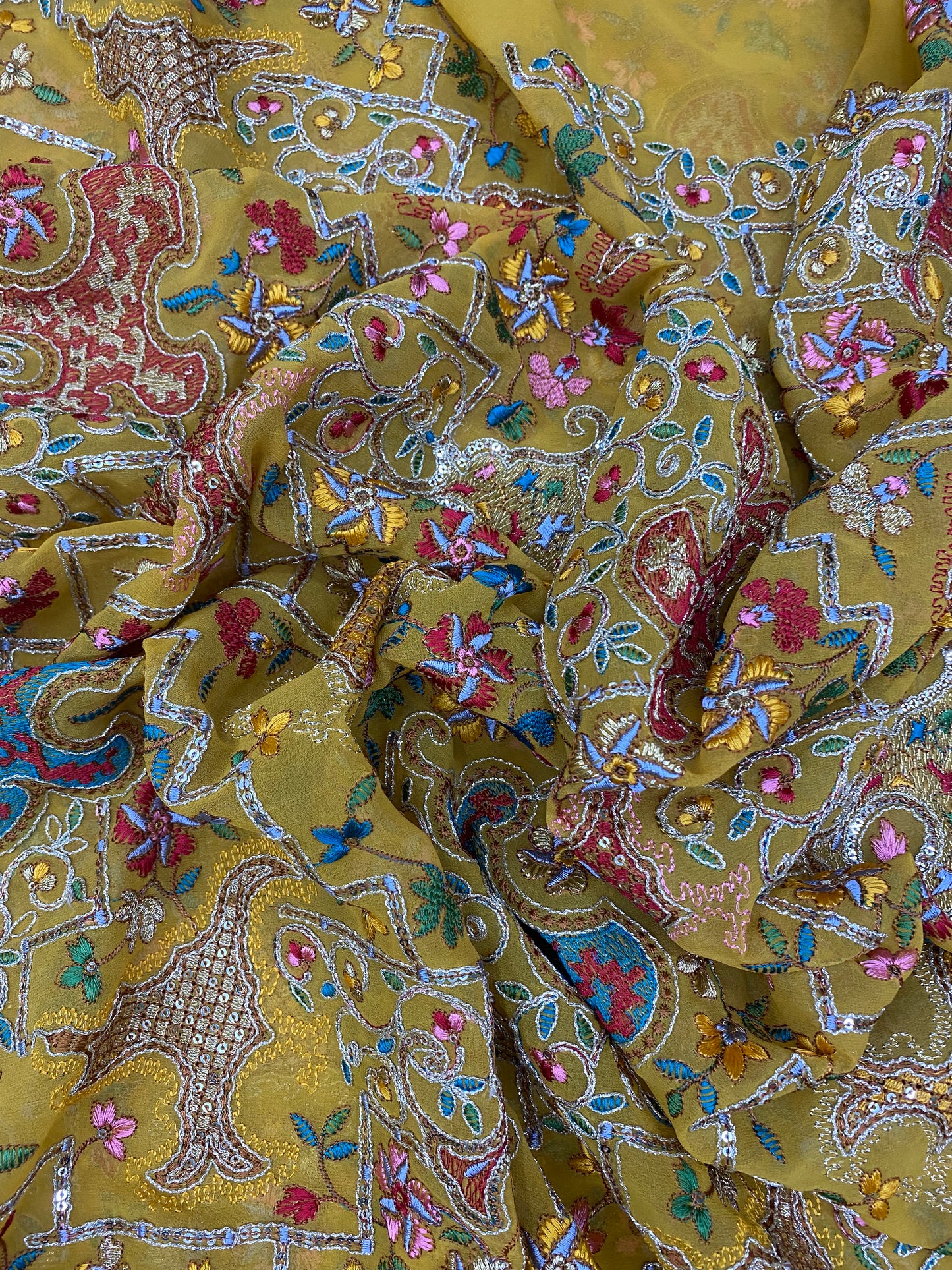 Gracious Eye Catching Colorful Floral And Abstract Thread Embroidery With Premium Sequin And Golden Zari Work On Georgette Fabric