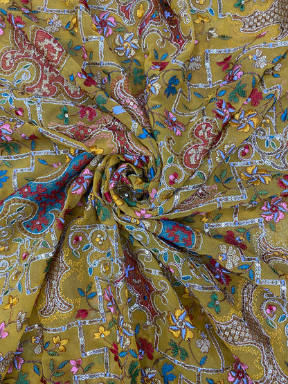 Gracious Eye Catching Colorful Floral And Abstract Thread Embroidery With Premium Sequin And Golden Zari Work On Georgette Fabric