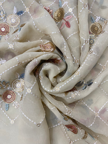 Lovely Eye Catching Checks And Floral Thread Embroidery With Golden Sequin Work On Georgette Fabric