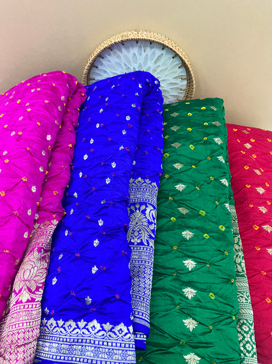 Exclusive Heavy Zari Botti Work And Premium Border Hand Work On Pure Silk Bandhani Fabric