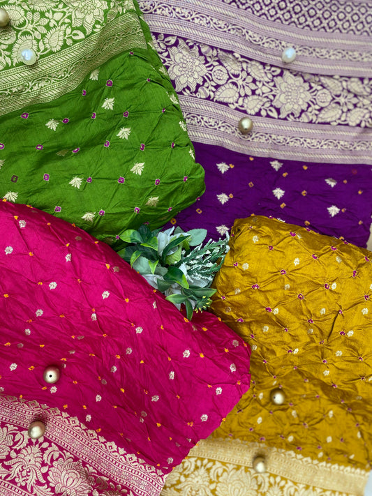 Excellent Luxurious Heavy Border And Leafy Zari Botti Hand Work On Pure Silk Bandhani Fabric