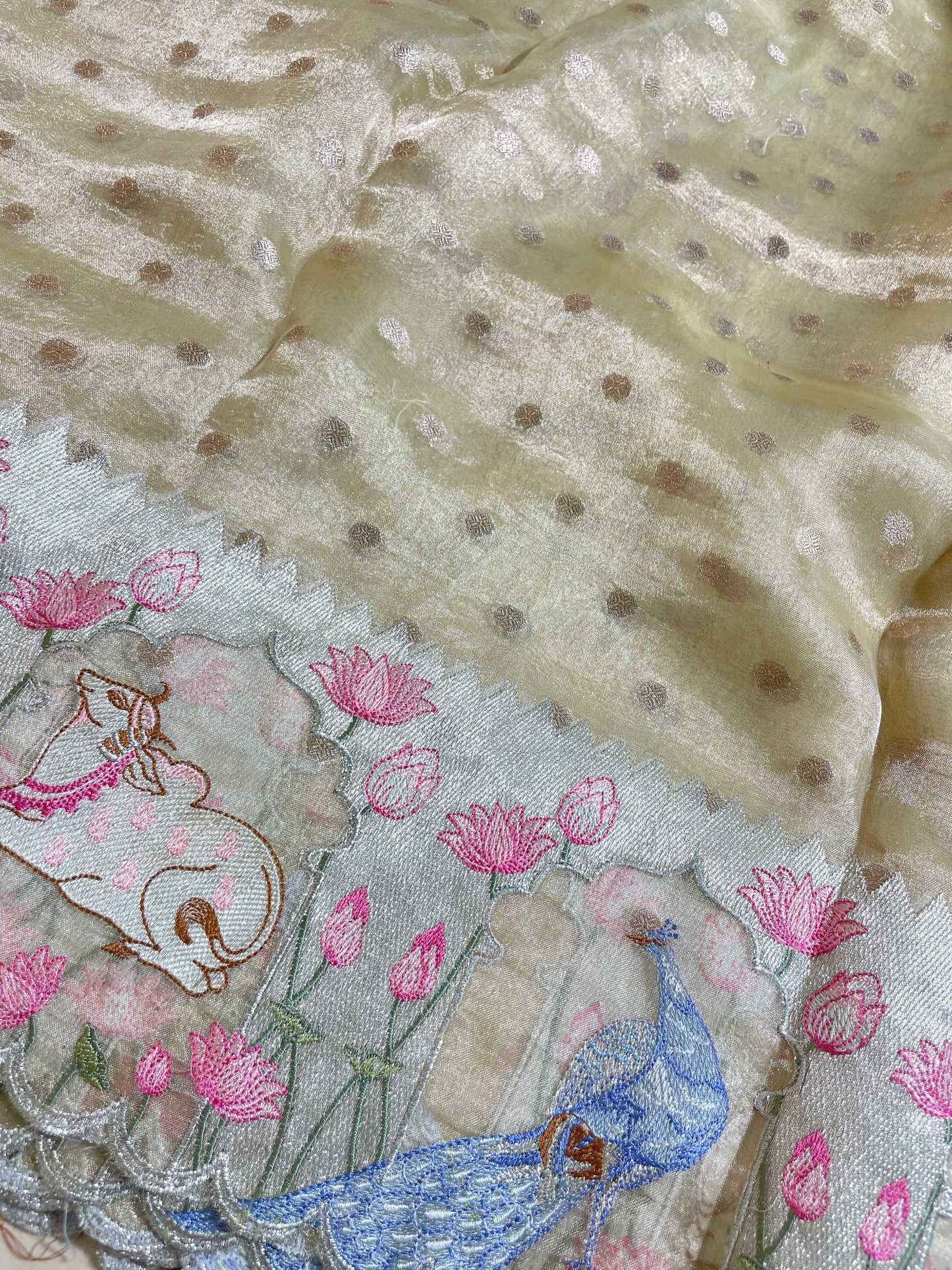 Pure Tissue Zari Butti With Multi Embroidery (Color Available)