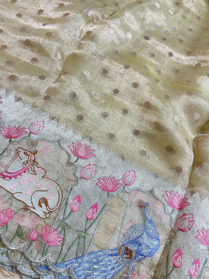 Pure Tissue Zari Butti With Multi Embroidery (Color Available)