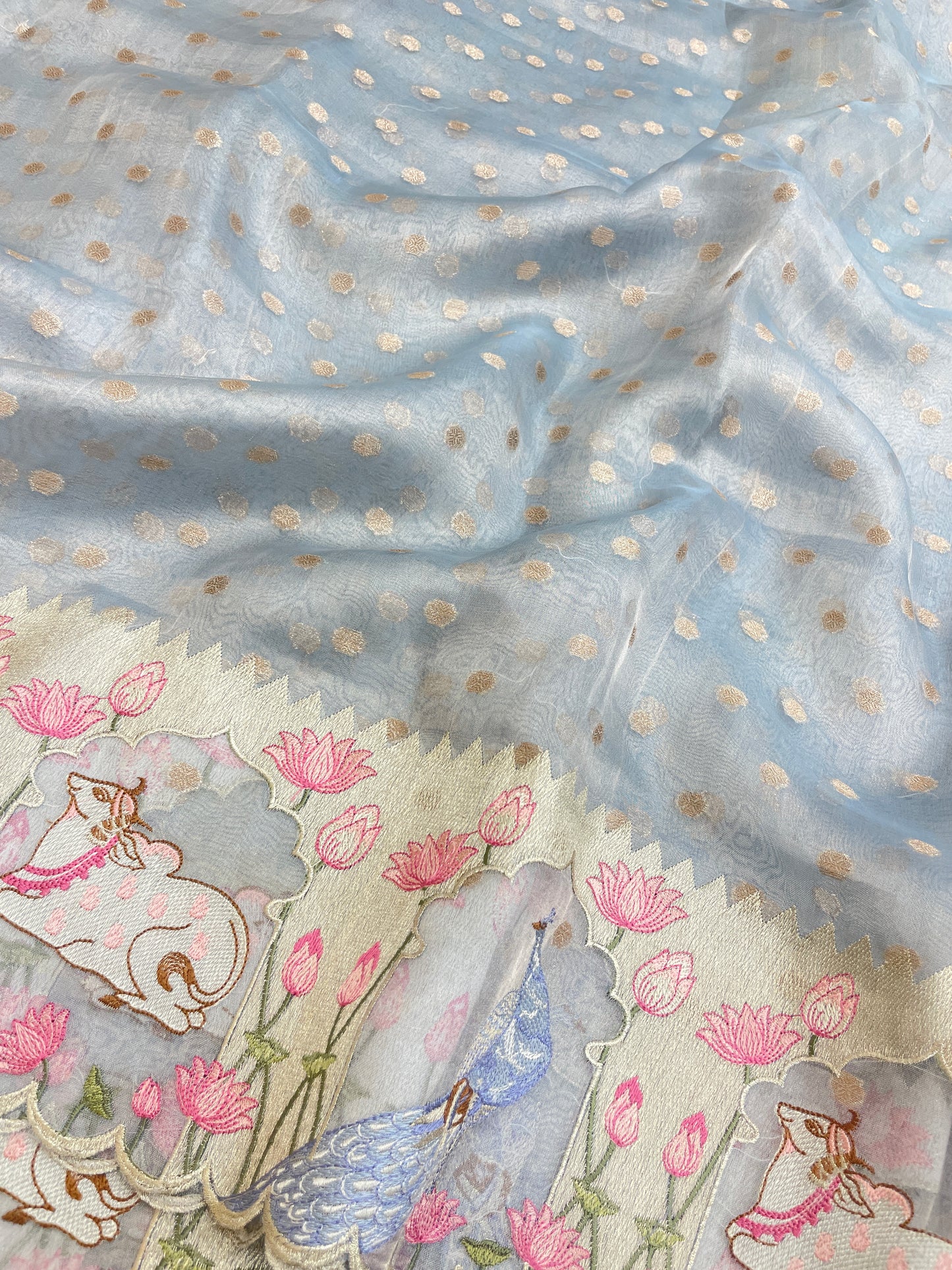 Pure Tissue Zari Butti With Multi Embroidery (Color Available)