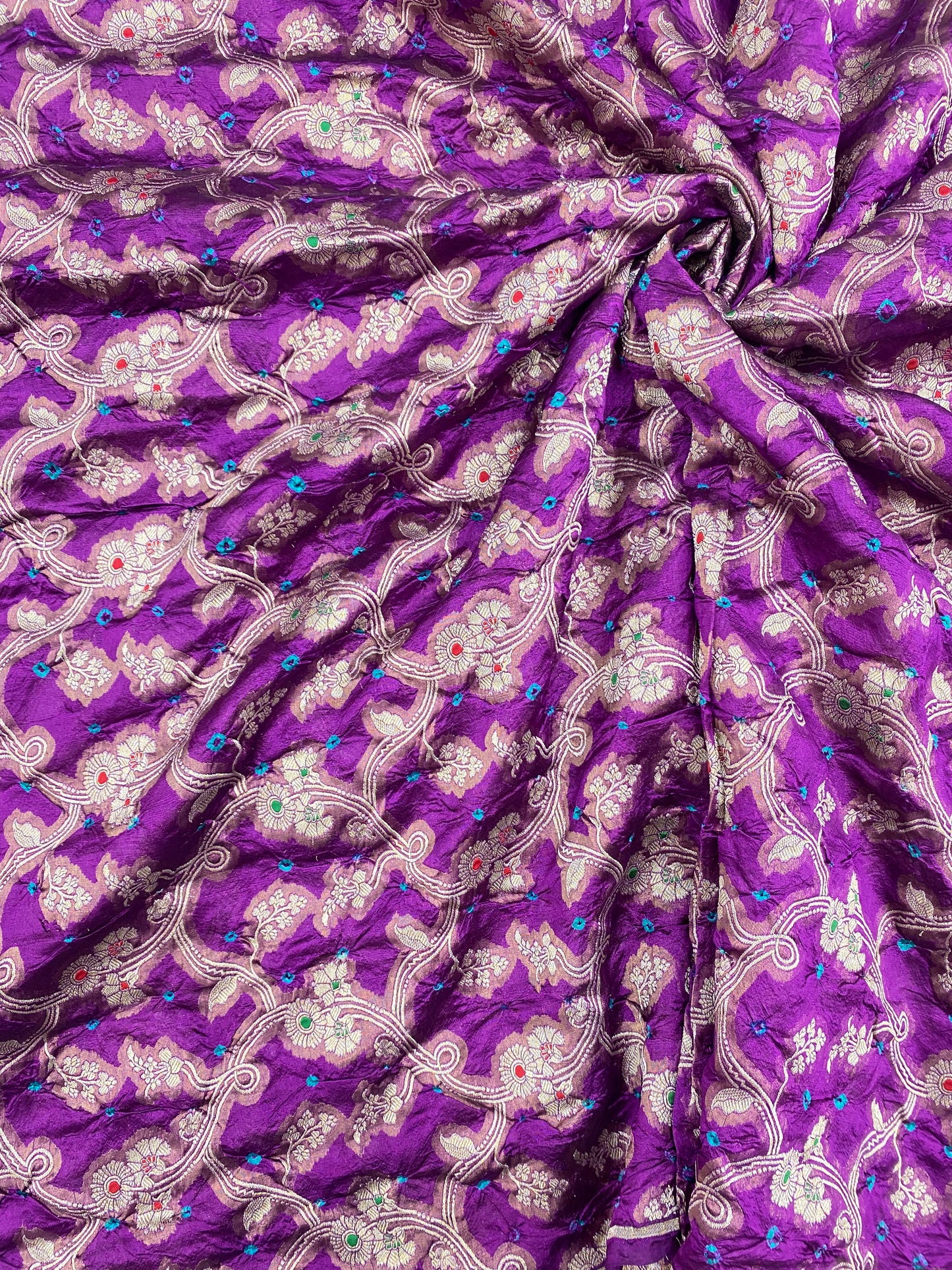 Pure Dupion Silk Zari Jacquard With Hand Bandhni (Color Available) 44"Inch