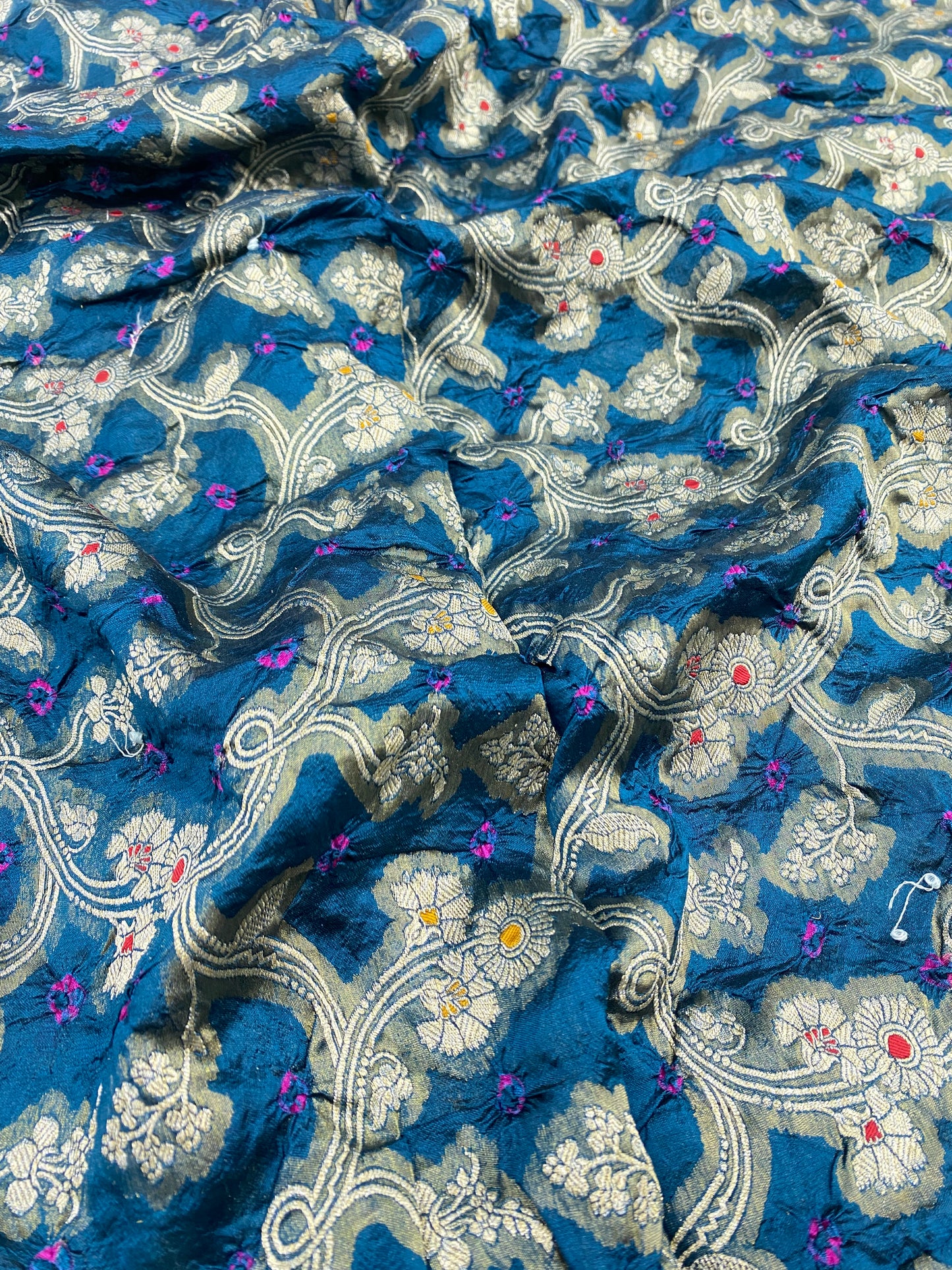 Pure Dupion Silk Zari Jacquard With Hand Bandhni (Color Available) 44"Inch