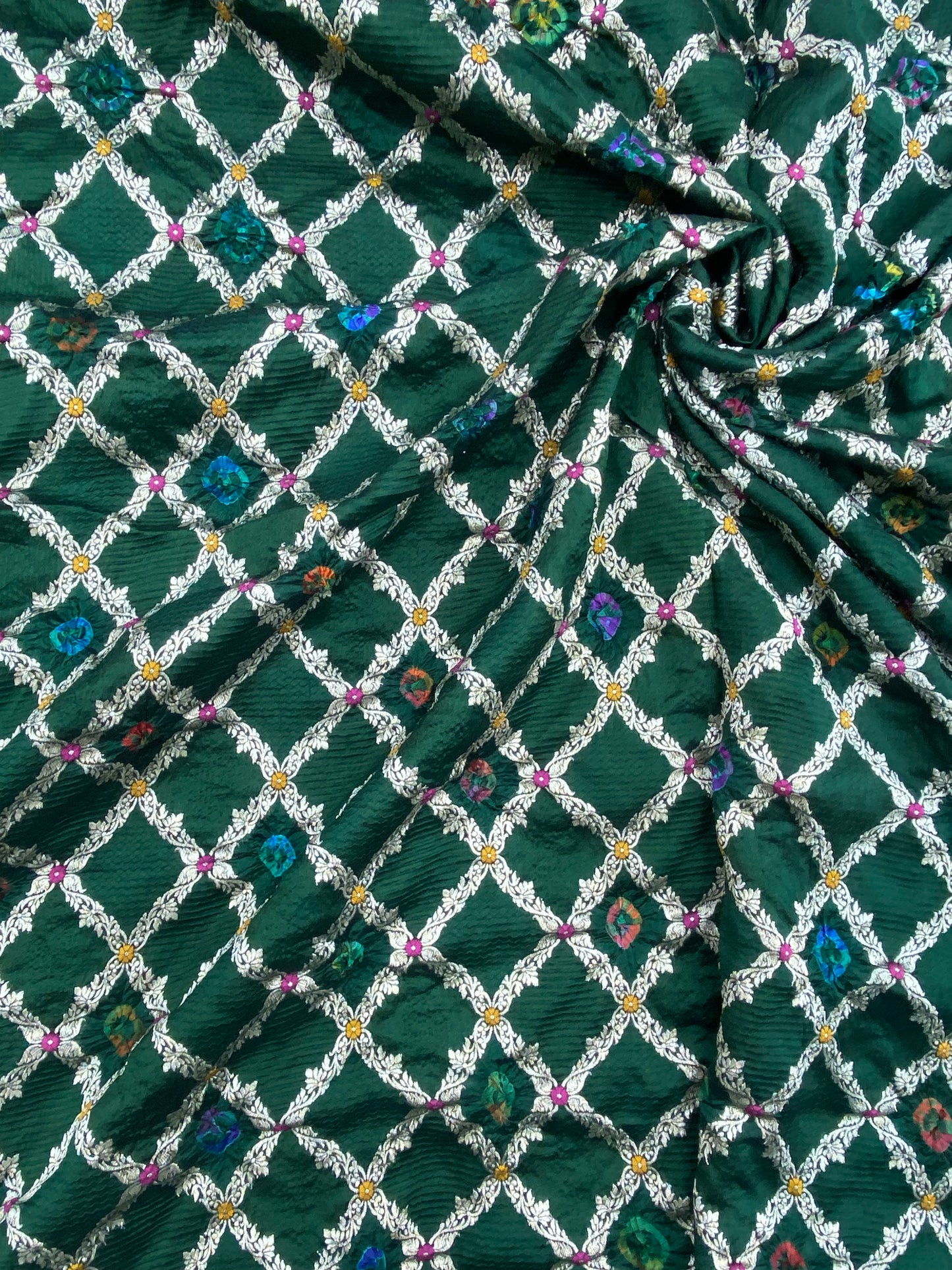 Pure Dupion Silk Zari Jacquard With Hand Bandhni (Color Available) 44"Inch