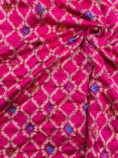 Pure Dupion Silk Zari Jacquard With Hand Bandhni (Color Available) 44"Inch