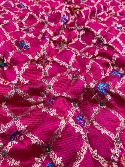 Pure Dupion Silk Zari Jacquard With Hand Bandhni (Color Available) 44"Inch