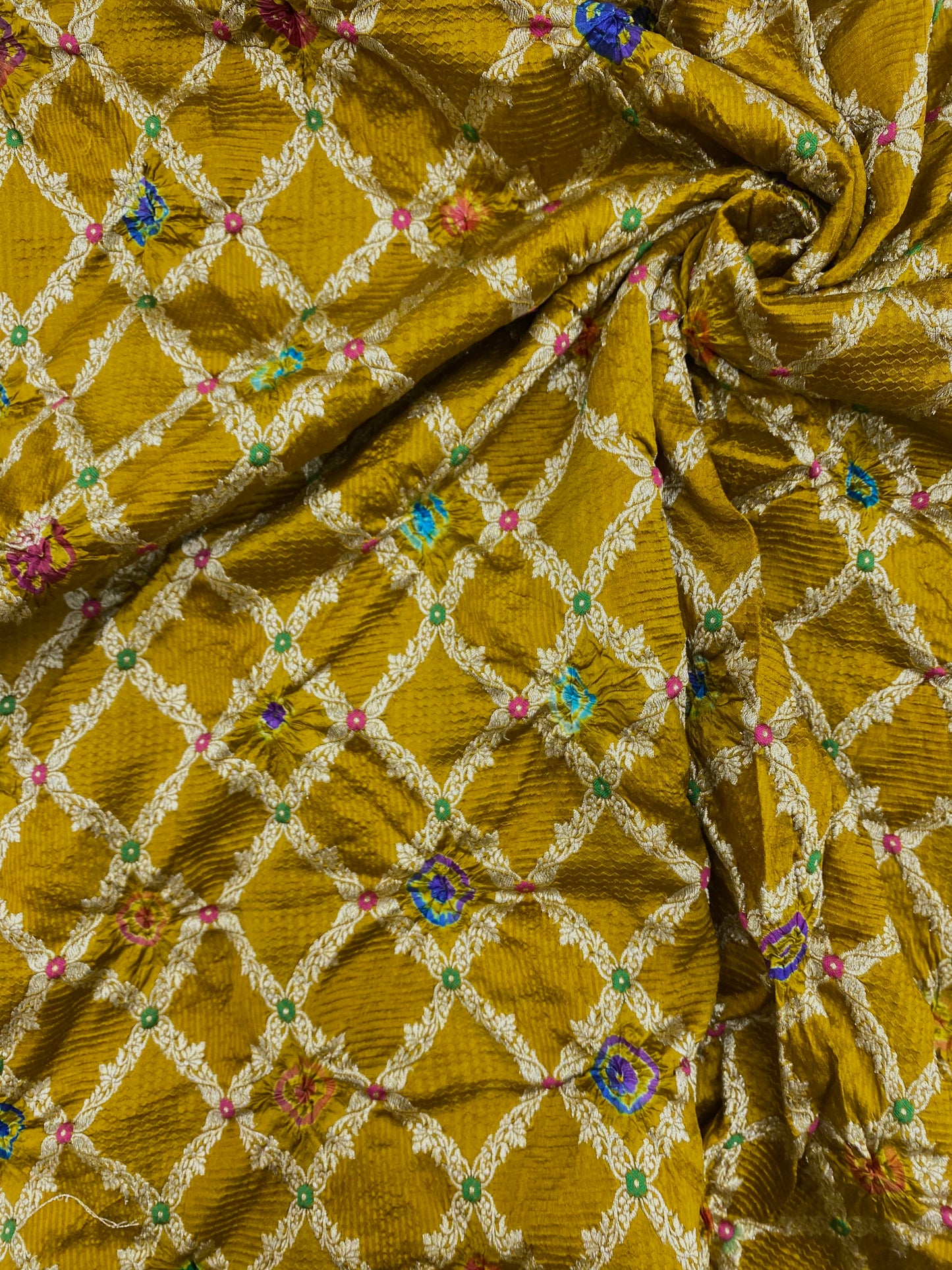 Pure Dupion Silk Zari Jacquard With Hand Bandhni (Color Available) 44"Inch