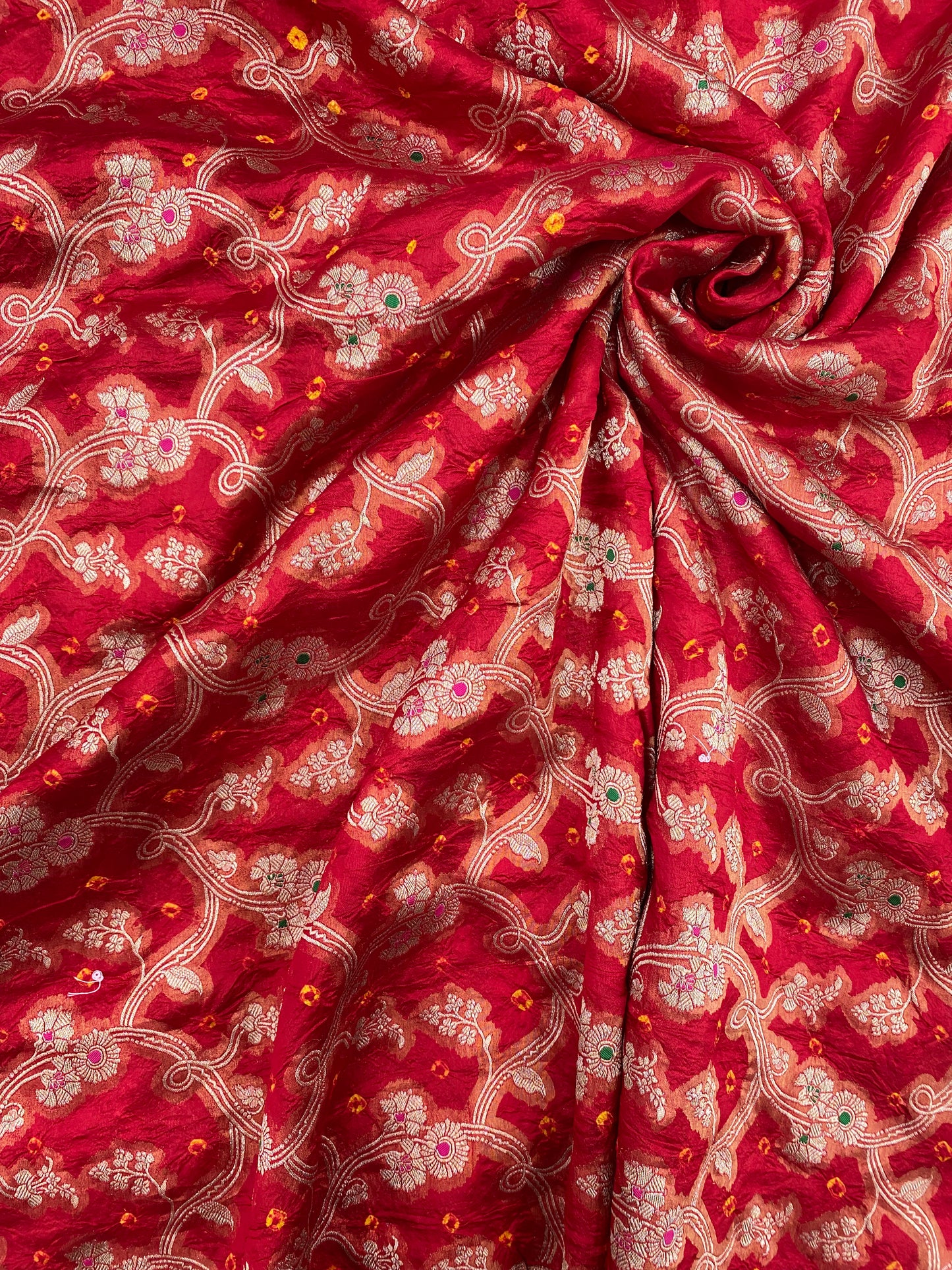 Pure Dupion Silk Zari Jacquard With Hand Bandhni (Color Available) 44"Inch