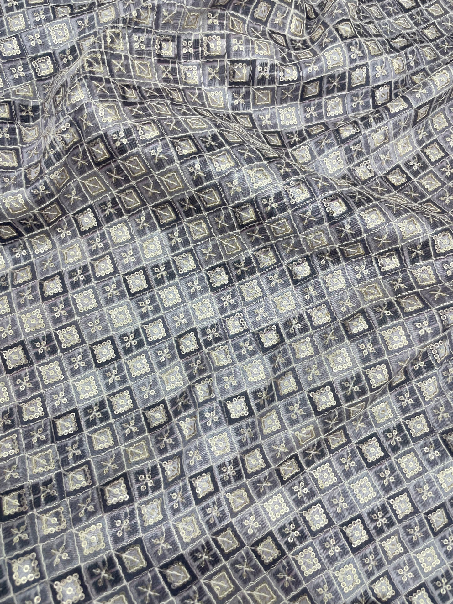 Classic Delicate Attractive Block Print With Water Sequin Work On Dupion Silk Fabric