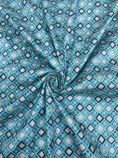 Classic Delicate Attractive Block Print With Water Sequin Work On Dupion Silk Fabric