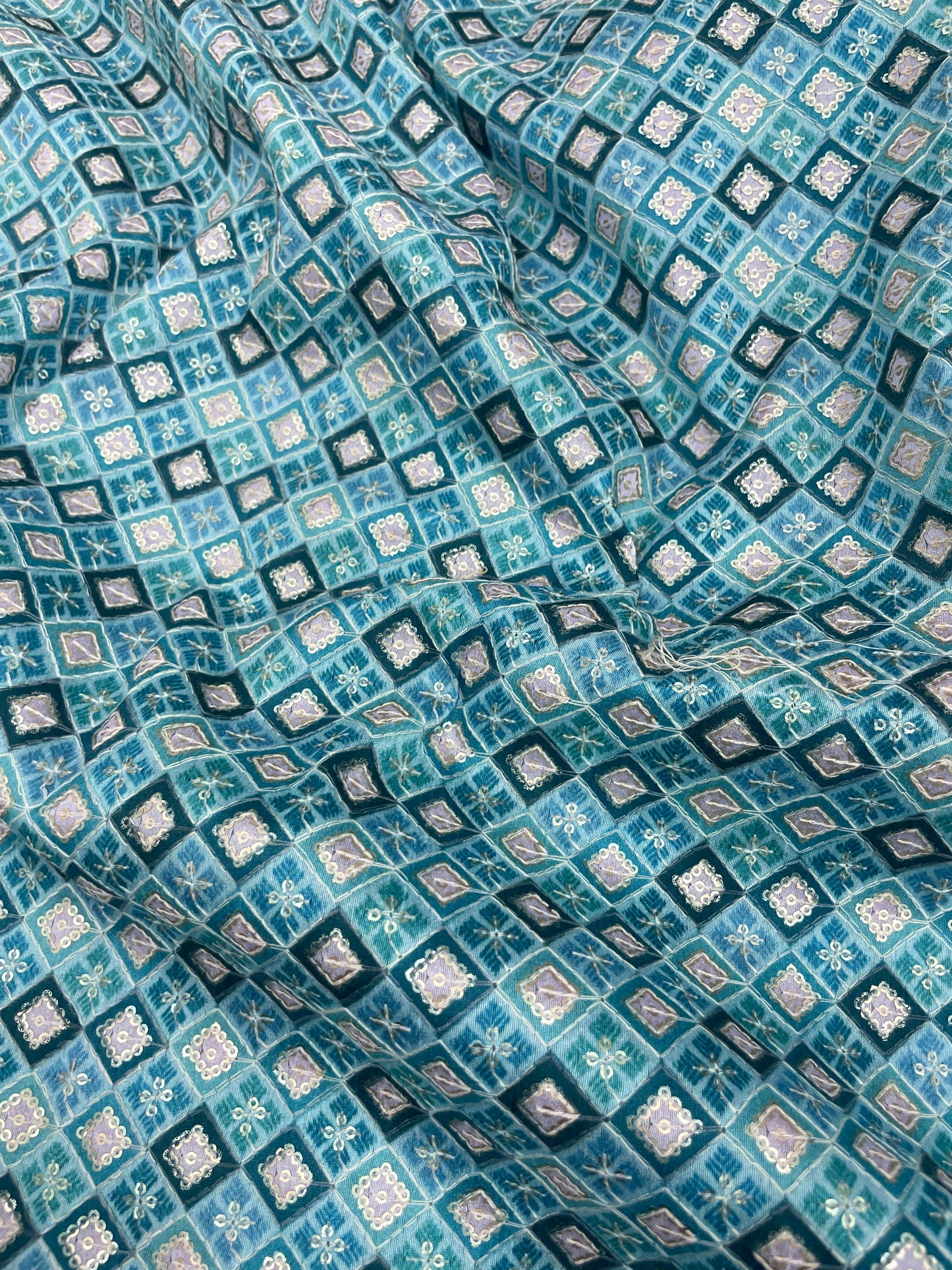 Classic Delicate Attractive Block Print With Water Sequin Work On Dupion Silk Fabric