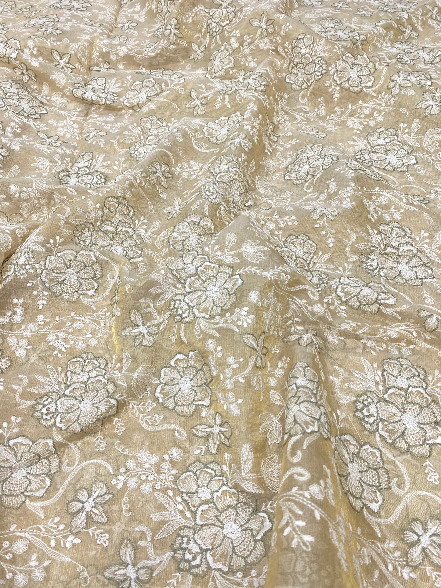 Superb Eye Catching Floral White & Green Thread Embroidery On Dyeable Tissue Fabric