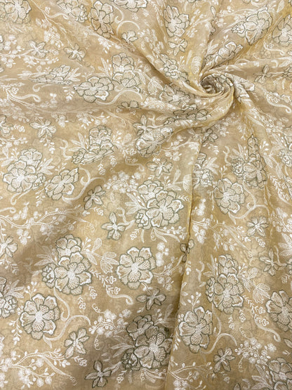 Superb Eye Catching Floral White & Green Thread Embroidery On Dyeable Tissue Fabric