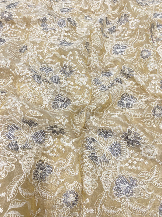 Superb Eye Catching Floral White & Blue Thread Embroidery On Dyeable Tissue Fabric