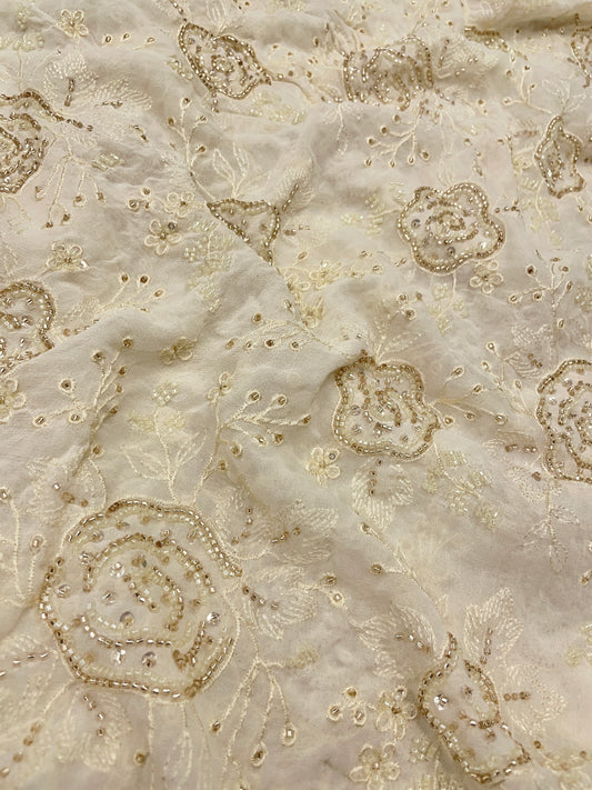 Dyeable Georgette Thread With Beads Embroidery Fabric 44"inch