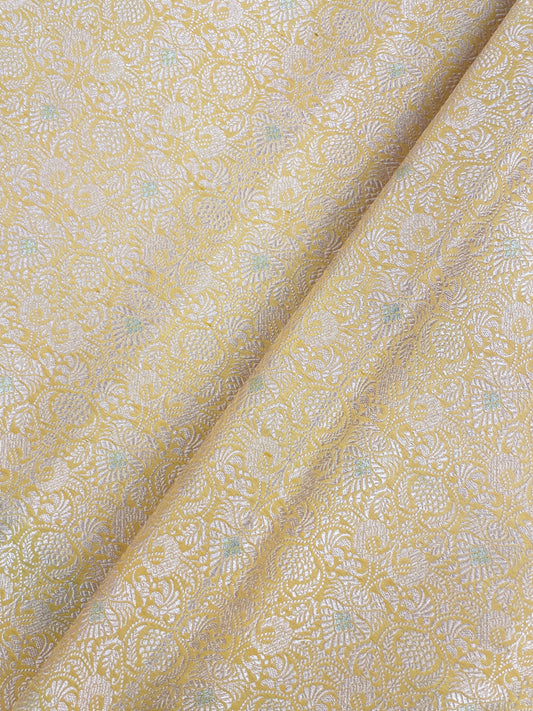 Brilliant Adorable Leafy Golden And Silver Zari Weaving On Yellow Color Pure Banarasi Kimkhwab Fabric
