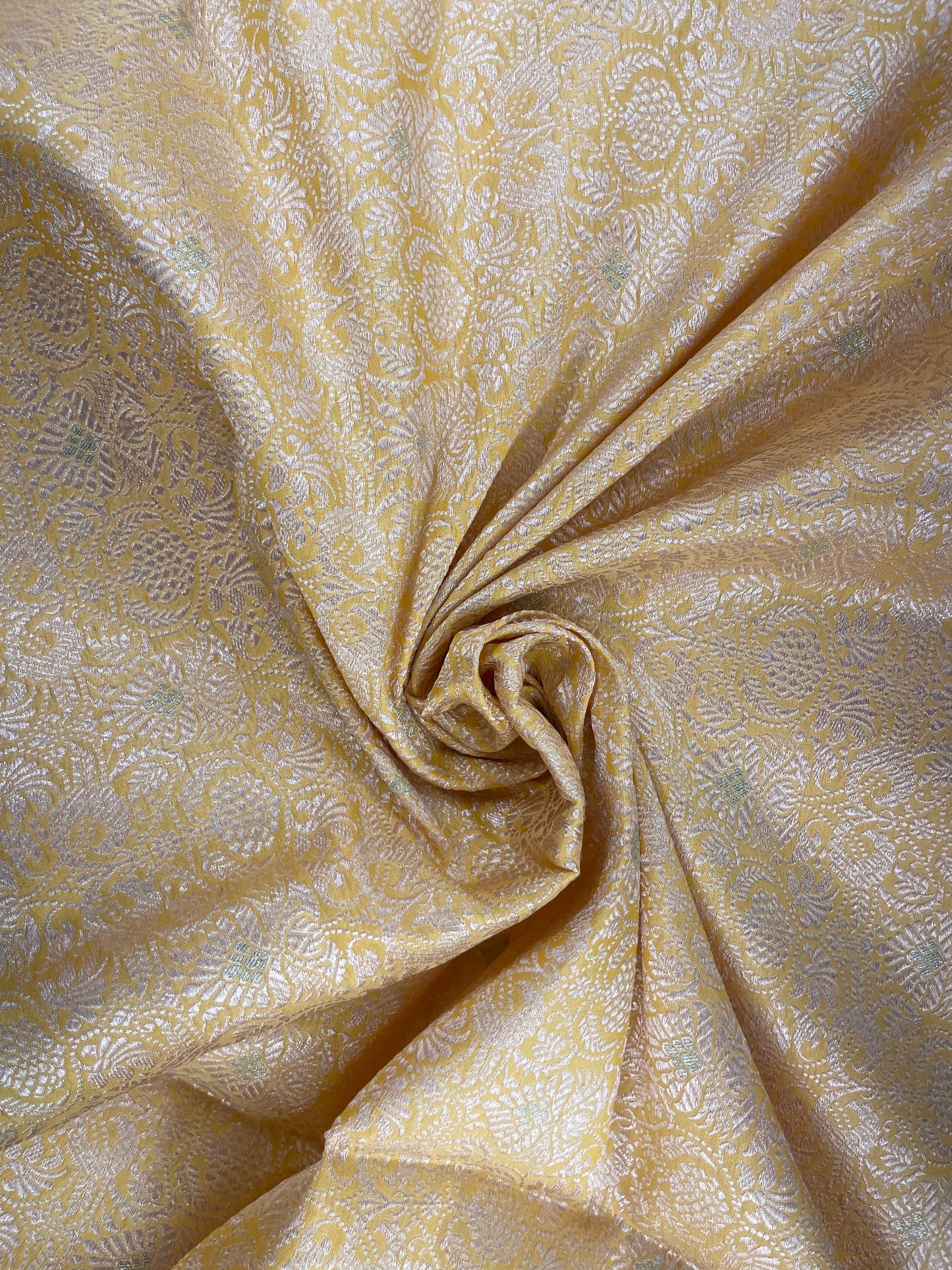 Brilliant Adorable Leafy Golden And Silver Zari Weaving On Yellow Color Pure Banarasi Kimkhwab Fabric