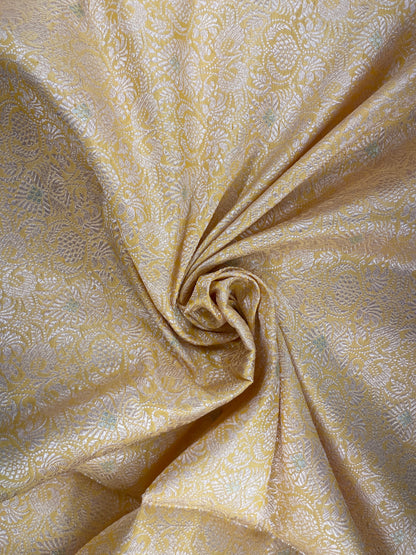 Brilliant Adorable Leafy Golden And Silver Zari Weaving On Yellow Color Pure Banarasi Kimkhwab Fabric