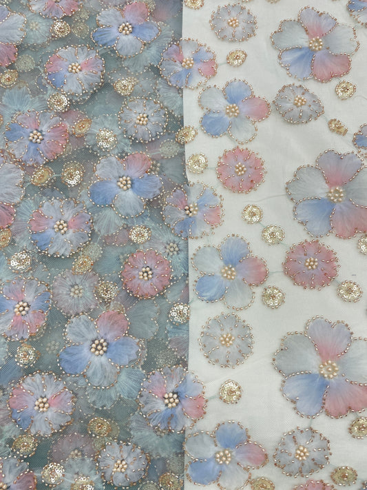 Net Patch Work With Beads Embroidery (Color Available) 54"Inch