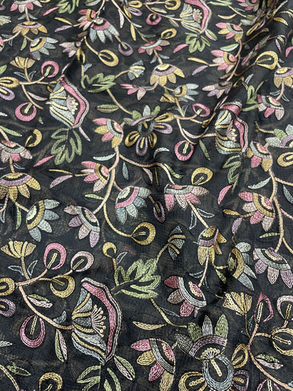 Delicate Fantastic Multi Color Floral Thread Embroidery On Kota Doria Fabric