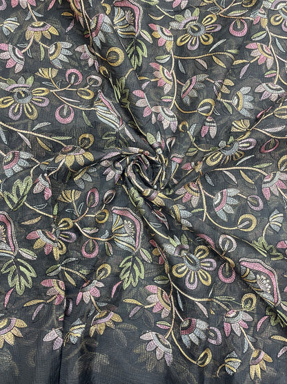 Delicate Fantastic Multi Color Floral Thread Embroidery On Kota Doria Fabric
