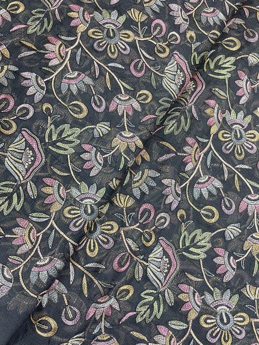 Delicate Fantastic Multi Color Floral Thread Embroidery On Kota Doria Fabric